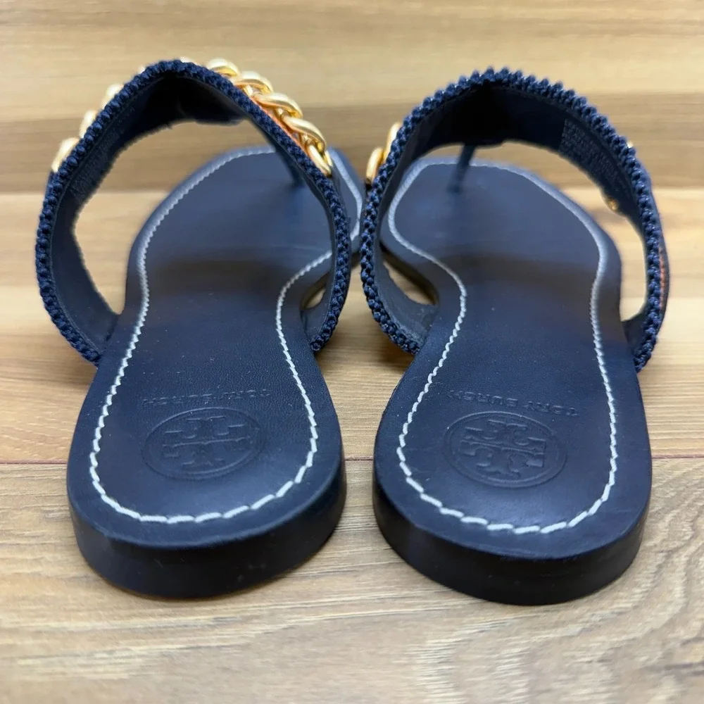 Tory Burch Benton Chain Flip Flops Womens 7 M Navy Blue Leather Gold Hardware